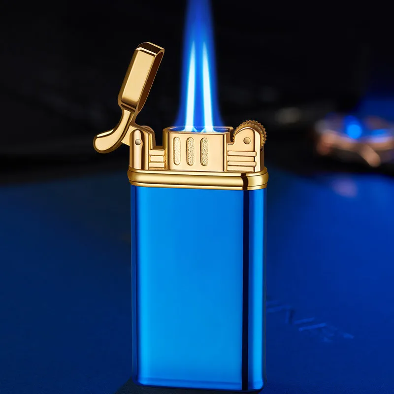 

Metal Double Flame Cigar Lighter Butane Lighters Windproof Blue Flame Big Firepower Visible Gas Window Lighters Gift For Men