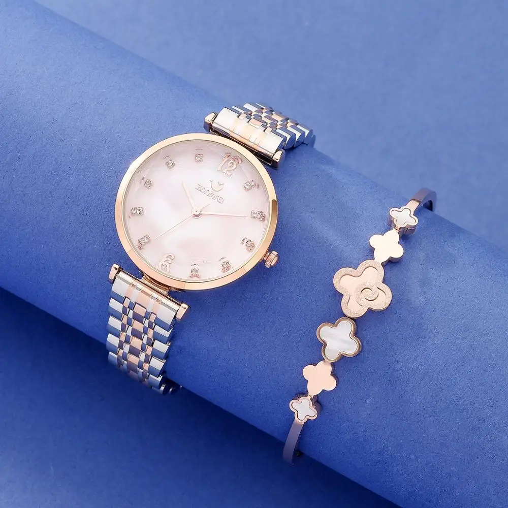 2PCS Women stainless steel wristwatches 30m waterproof with steel bracelet set blue/coffee/white conch face good quality watches enlarge