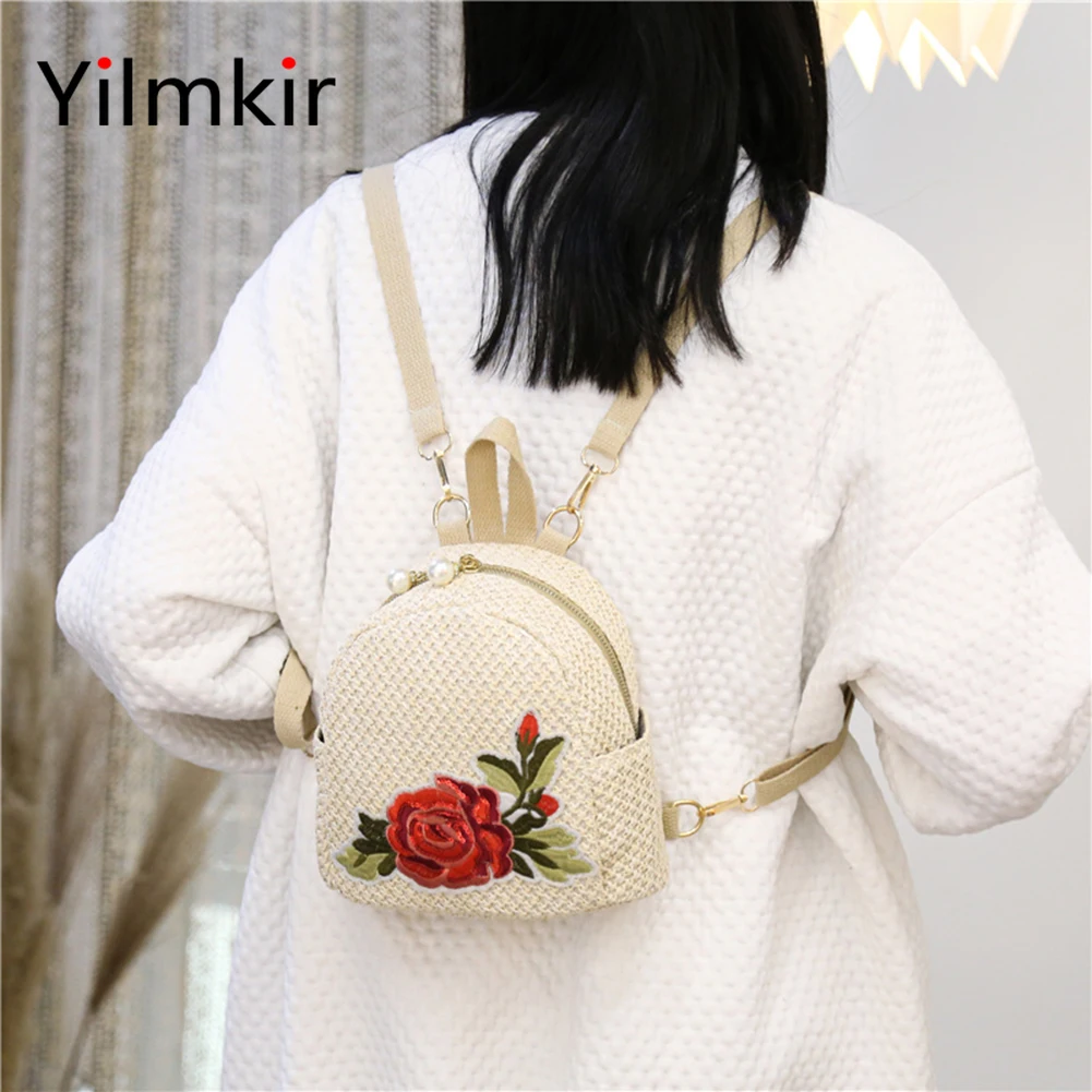 Модный женский соломенный рюкзак с принтом розы повседневный вместительный