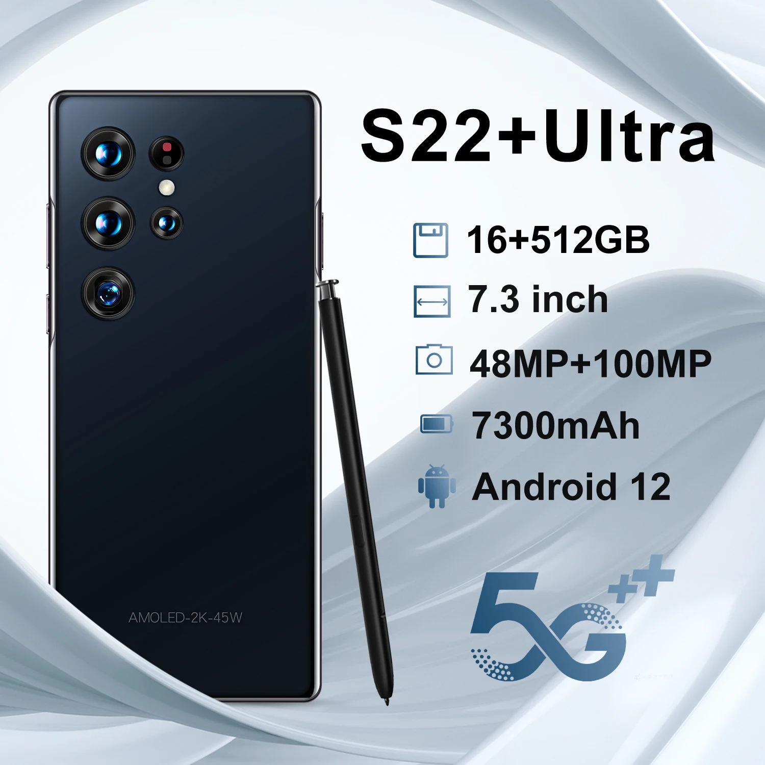 

Global Version S22+ Ultra 7.3 Inch 16+1T Face Fingerprint Unlock Dual SIM Smart Phone Qualcomm 888+ 48+100MP 7300mAh Mobilephone