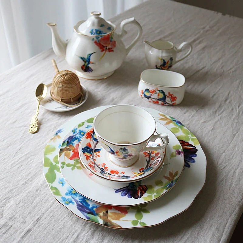 

Colorful Kingfisher Tableware Bone China Dinner Plate Dessert Plate Tea Pot Teacup Saucer Milk Jar Sugar Bowl For Home Kitchen