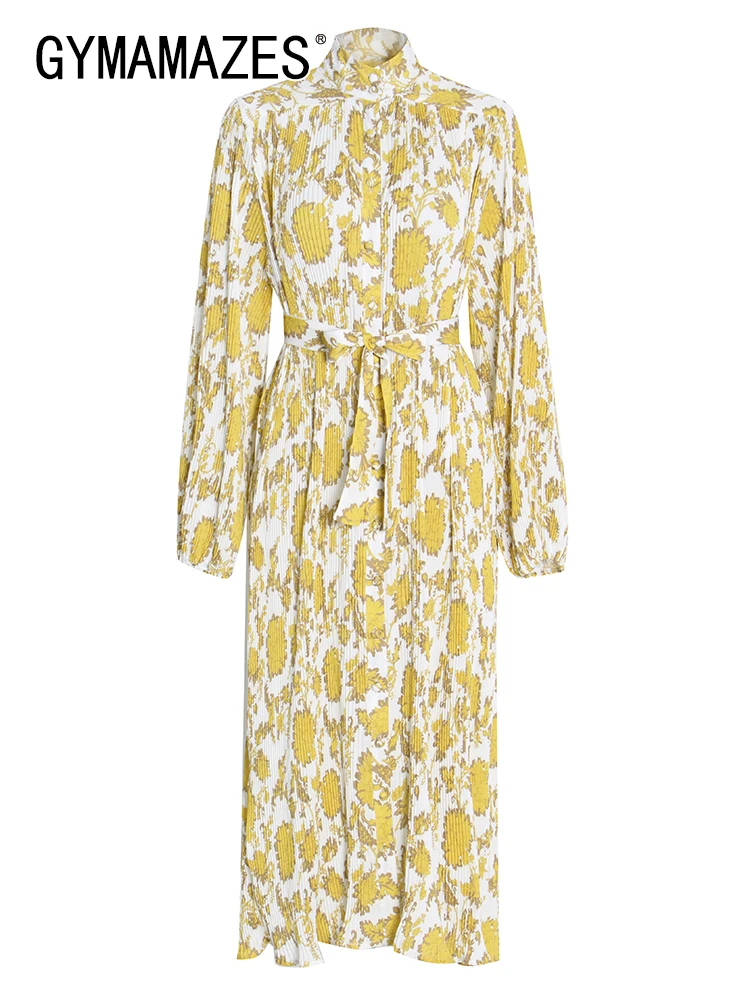 

GYMAMAZES Vintage Print Colorblock Dress For Women Stand Collar Long Sleeve Lace Up Midi Dresses Female Spring Clothing 2022 New