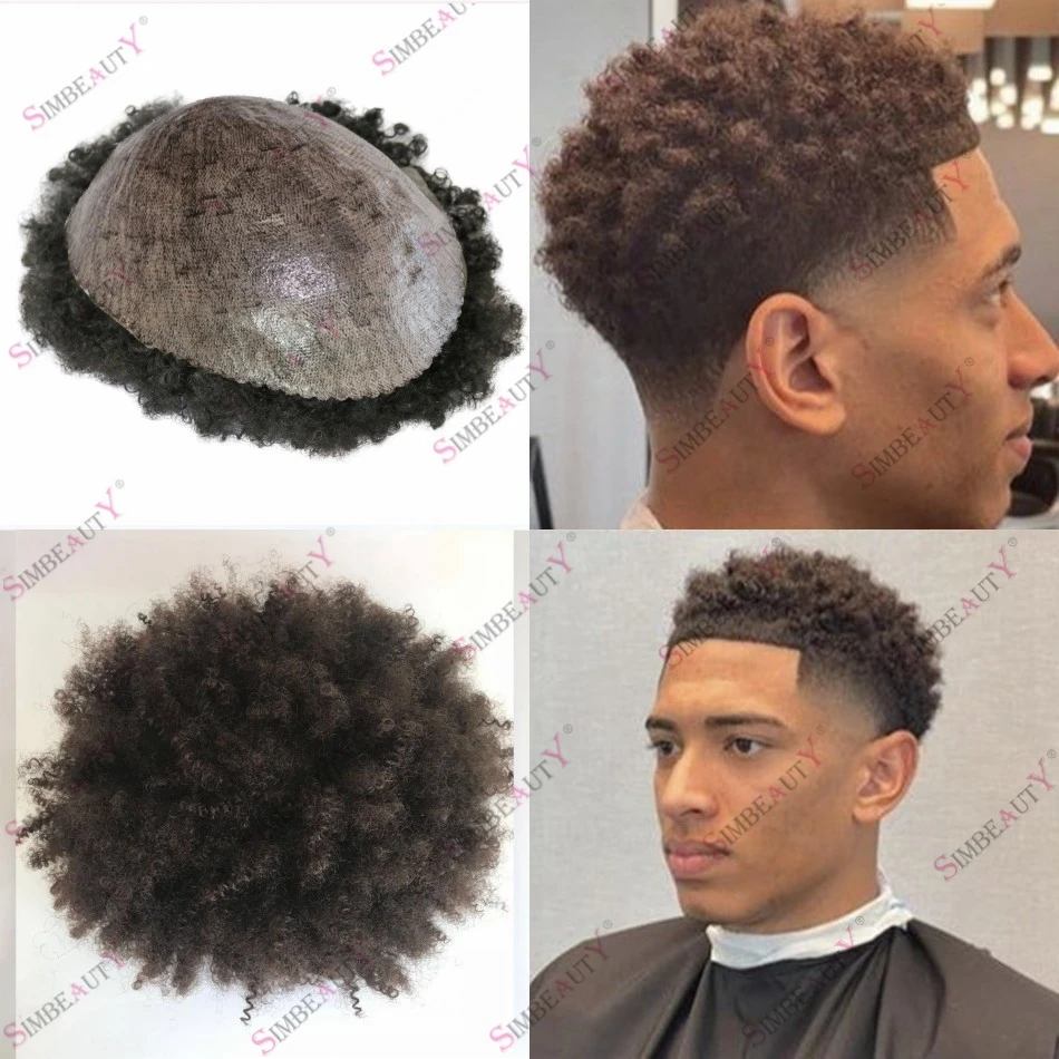 

Human Hair Afro Curly Poly Skin Toupee for Black Men Brown Blonde Black Hair Color Vloop Durable Hair Replacement Piece