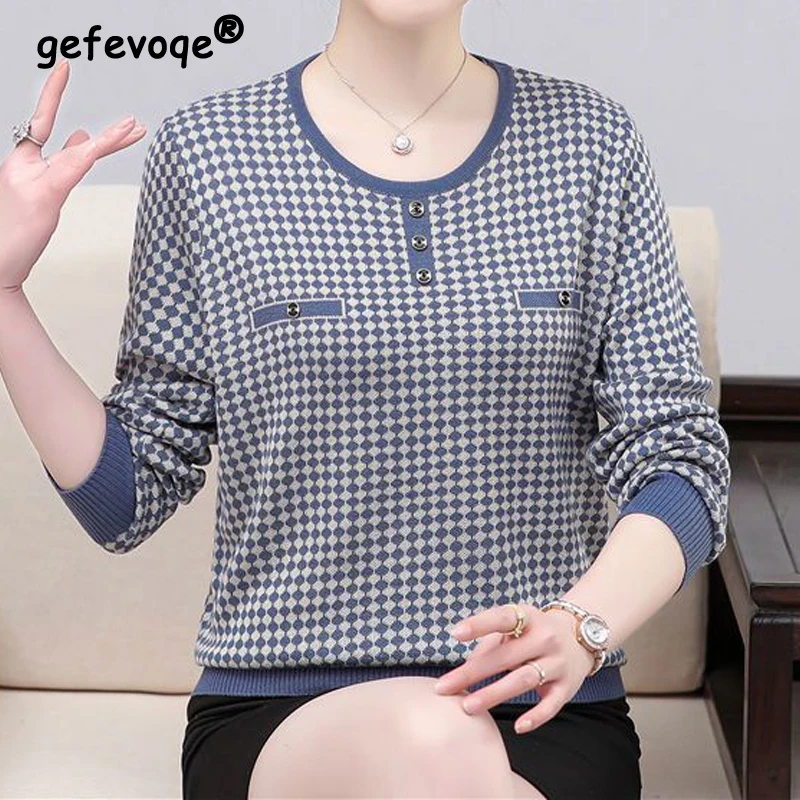 

Knitted Long Sleeve Pullover Sweater Lady Casual O-Neck Women Spring Autumn Korean Style Loose Print Elegant Simple Wild Tops