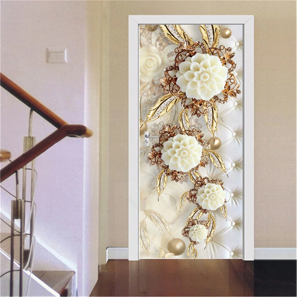 3D Gold Door Decoration Stickers Marble Simple Abstract Lines Flowers Wallpaper for Living Room Home Decor Bedroom Art Decals images - 6