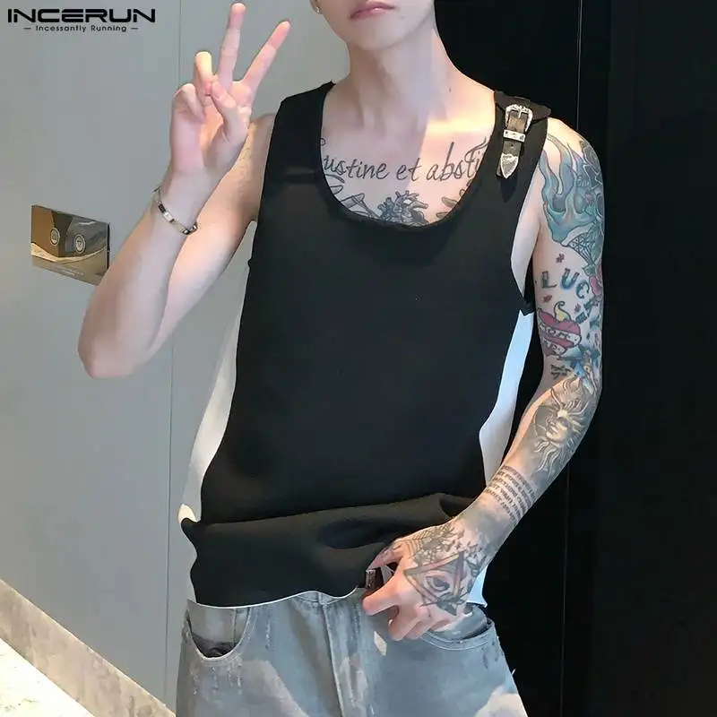 

2023 Men Tank Tops Patchwork O-neck Sleeveless Sexy Summer Male Vests Korean Style Streetwear Fashion Men Clothing S-5XL INCERUN