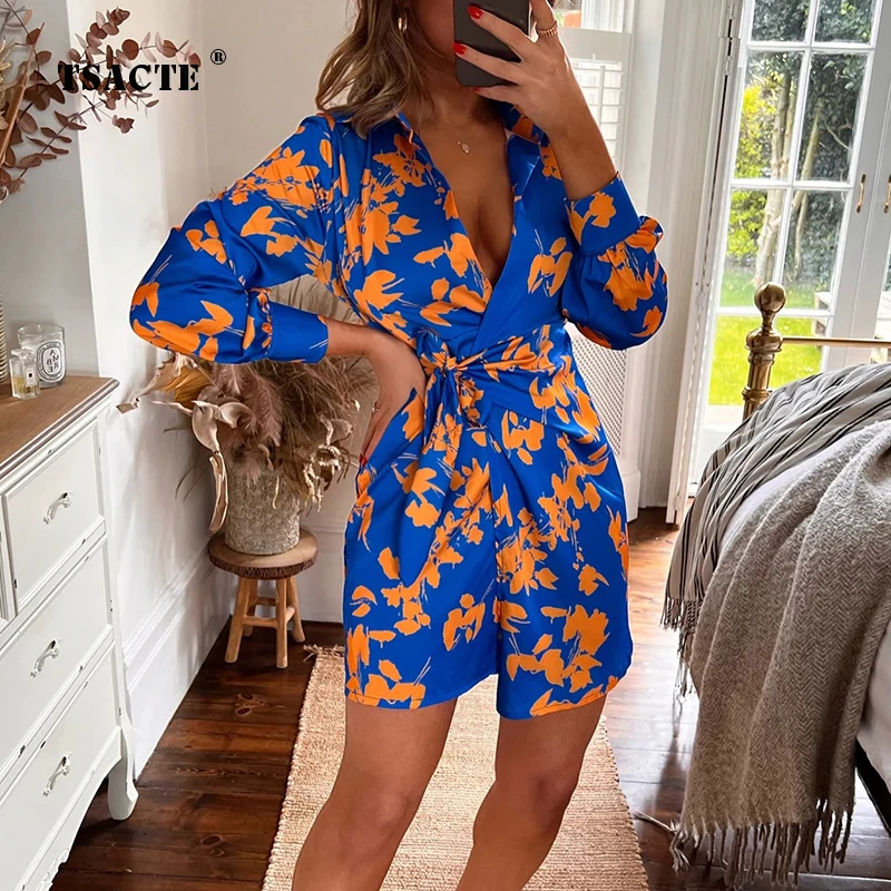 

Autumn Women's Fashion Mini Dress Casual Printed Long Sleeve Lapel Lace-up Cardigan Shirts Dresses Ladies Slim Party Short Dress