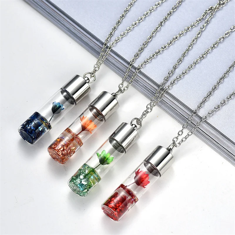 

Natural Eternal Dried Flower Wishing Bottle Pendant Necklace Handmade Glass Bottle Chain Statement Necklace Women Jewelry Gifts