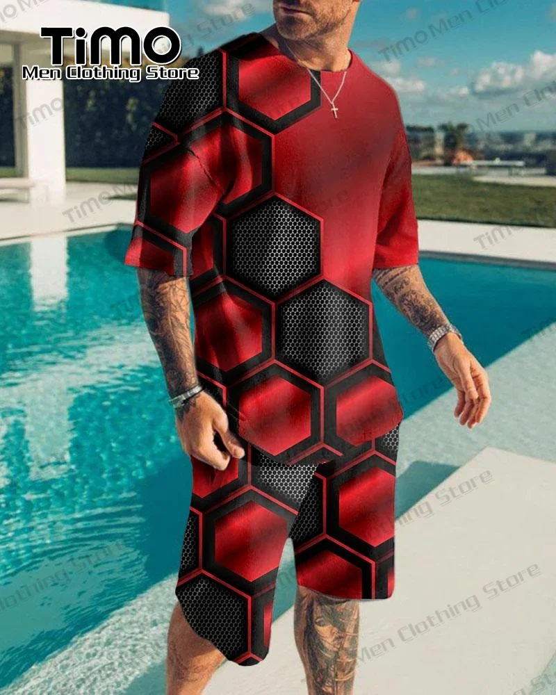 Summer Men's T-shirt Set Fashion 3D Printing 2 Piece Set Casual T-shirt+Shorts Oversized Loose High Quality Men Tracksuit Suit