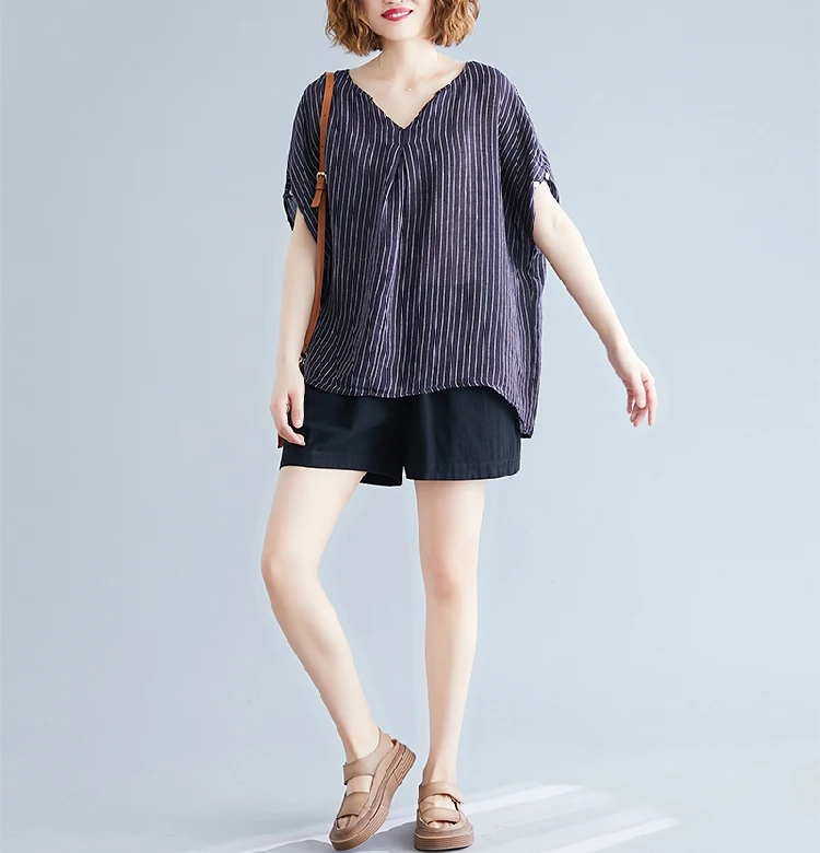 Oladivi Oversized Short Sleeve Cotton Linen Striped Blouses Women Summer 2022 New Casual Loose Shirts Girl Big Tops Tunic Blusas |