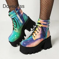 2022winter woman fashion shoes boots sexy waterproof cross tied blue square toe chunky heels block heels new big size40 41 42 43
