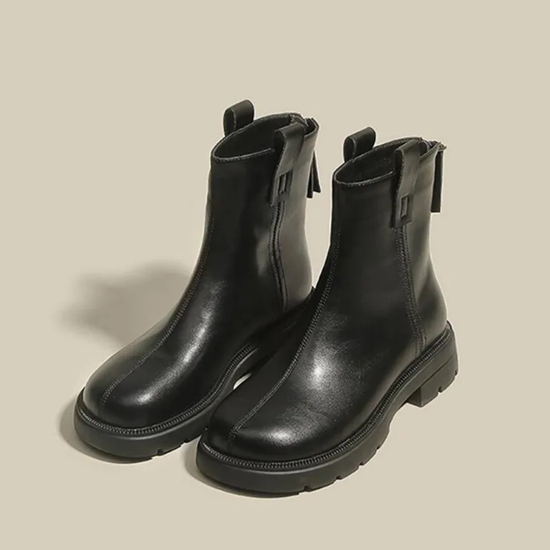 Lady Boots Women's Low Shoes Round Toe Chelsea Zipper Flat Heel Ankle Leather Med Rock Rubber Sewing PU Retro Short Boots Women