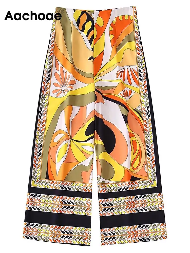 

Aachoae Women Vintage Floral Printed Wide Leg Pants Casual High Waist Zipper Fly Long Pants Ladies Chic Pants Mujer Pantalon