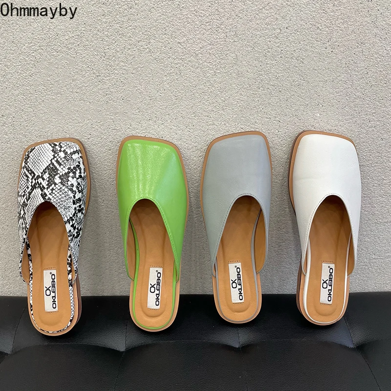 

2022 Summer Leather Mules Women Slippers Fashion Woman Square Toe Slides Ladies Dress Outdoor Flats Female Shoes sandalias mujer