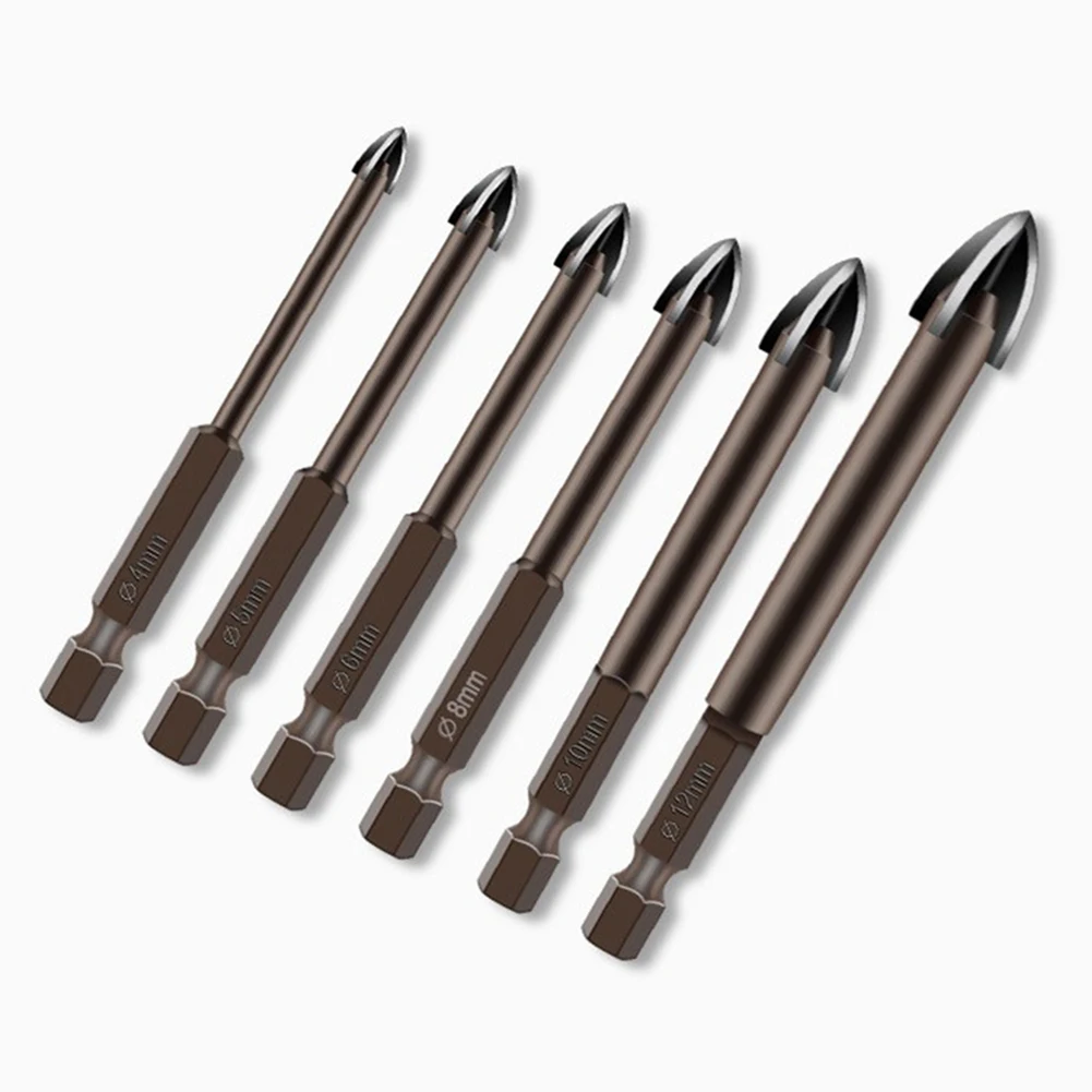 6pcs Titanium Ceramic Tile Glass Drill Bits Tungsten Carbide Cross Spear Head Cross Hex Tile Bits Glass Ceramic Concrete Hole Op