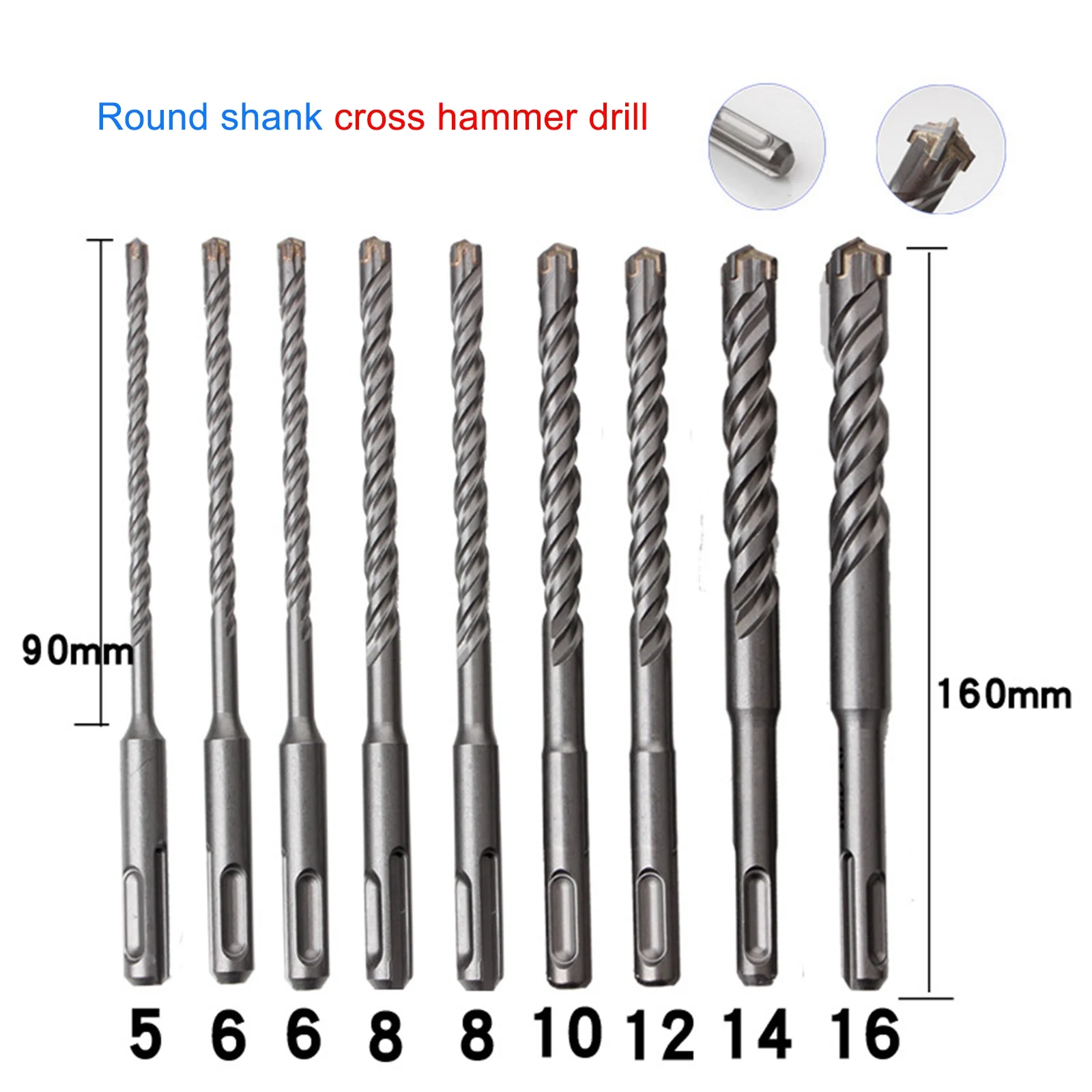 

9Pcs SDS Plus Drill Bit Set 160mm for Concrete Wall Brick Block Masonry Hole Saw Electric Hammer Drilling Bits 5 6 8 10 12 14 mm