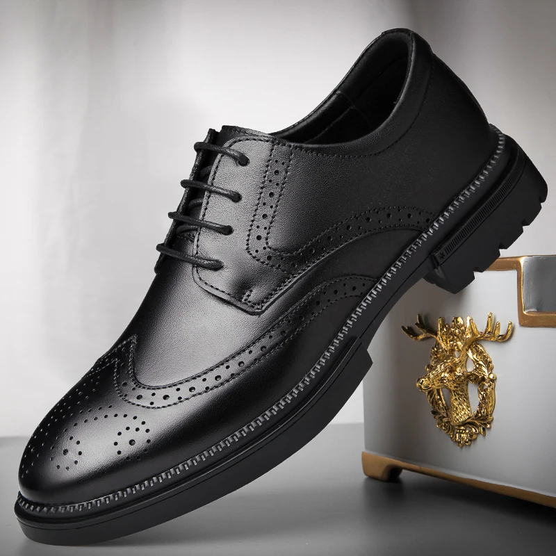 2023 New Men's Brogue Shoes Dress Casual Genuine Leather High Quality Black Brown Shoe Male  Wedding Office Formal Shoes For Men