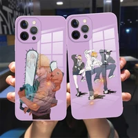 anime chainsaw man phone case for iphone 11 12 13 pro max x xr xsmax 8 7 plus 13mini grass purple tempered glass reflective case