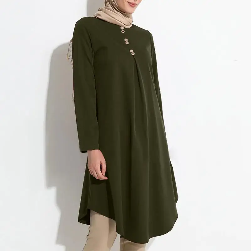 Saudi Arabia Middle East Long Sleeve Women Dresses with Botton Dubai Turkey Mubarak Solid Color Casual Loose Female Blouse