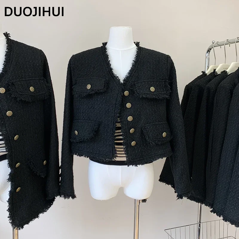 Фото DUOJIHUI Классические черные осенние новые свободные женские куртки модная однобортная простая однотонная Базовая Женская куртка с длинным рукавом №2
