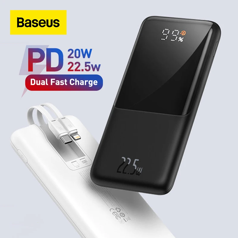 

Baseus 22.5W Power Bank 10000mAh with 5A 20W PD Portable Fast Charging Built-in 2 Cables For iPhone 12Pro Huawei Sumsung Xiaomi