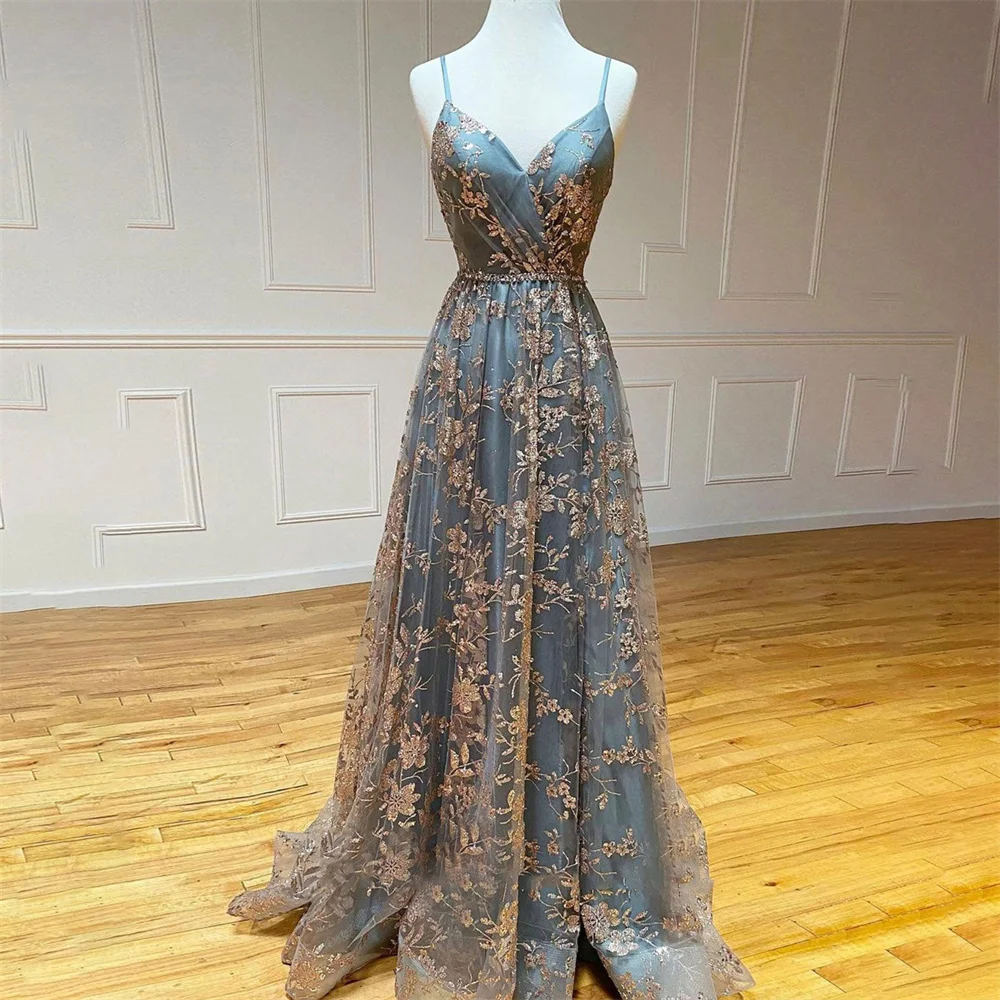 

Lily Appliques Beach Evening Dresses Lace Up Back Charming Prom Dresses Spaghetti Strap V Neck Party Dresses vestidos de noche