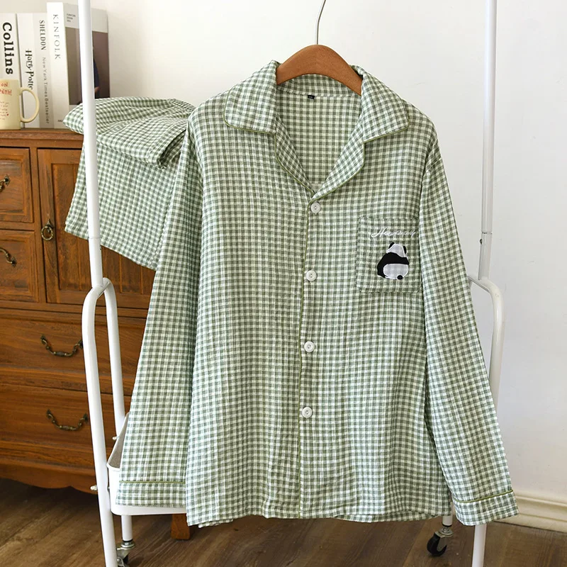 

Пижамный комплект в клетку с пандой для пар, тонкая Домашняя одежда из хлопковой марли с длинным рукавом для мужчин и женщин, домашний костюм для пар, домашняя одежда