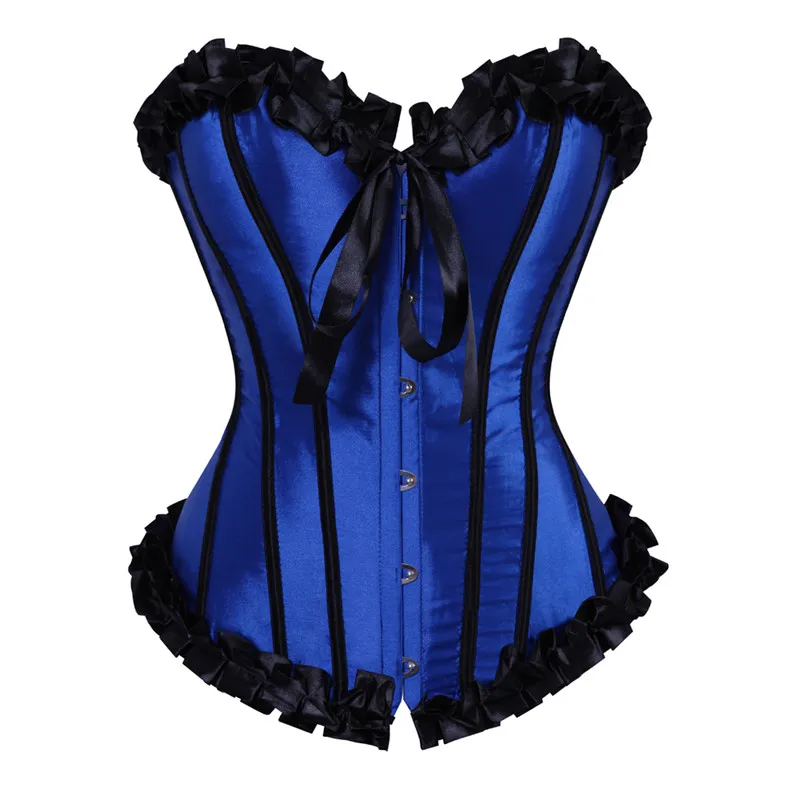 

Corset Top Plus Size Sexy Satin Lace up Boned Overbust Corset And Bustier With Lace Trim Showgirl Stripe Lingerie Purple Blue