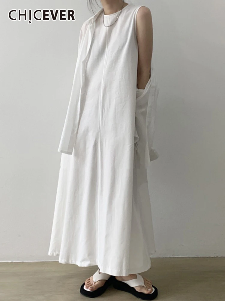 

CHICEVER Plain Dress For Women O Neck Sleeveless Minimalist Casual Loose Maxi Dresses Female 2022 Summer Fashion Korean Clothing
