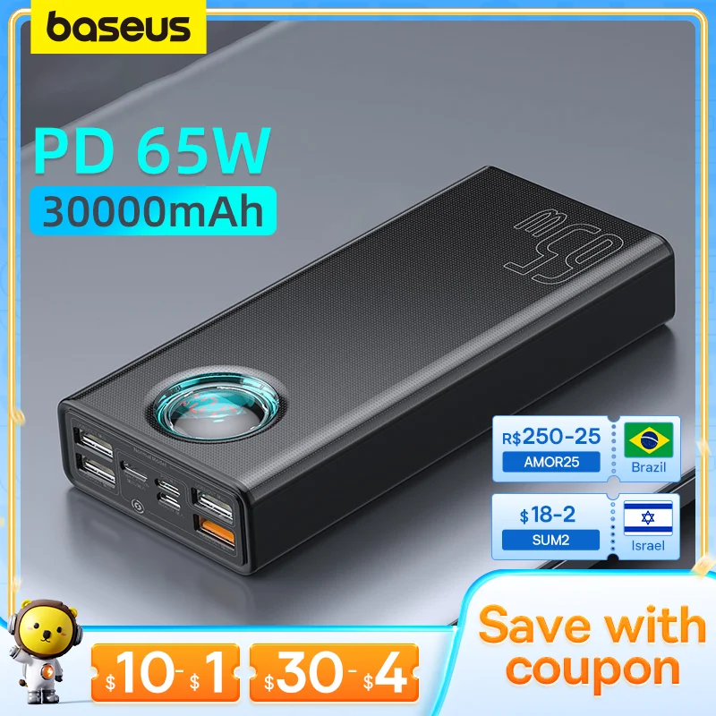 Carregador Portátil Baseus 65W, 30000mAh Carregamento Rápido PD, FCP, SCP para Smartphone, Laptop, Tablet