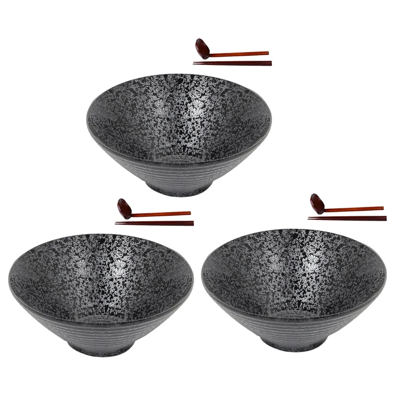 

3X Ceramic Japanese Ramen Soup Bowl With Matching Spoon And Chopsticks, Suitable For Udon, Soba, Large Size CNIM Hot