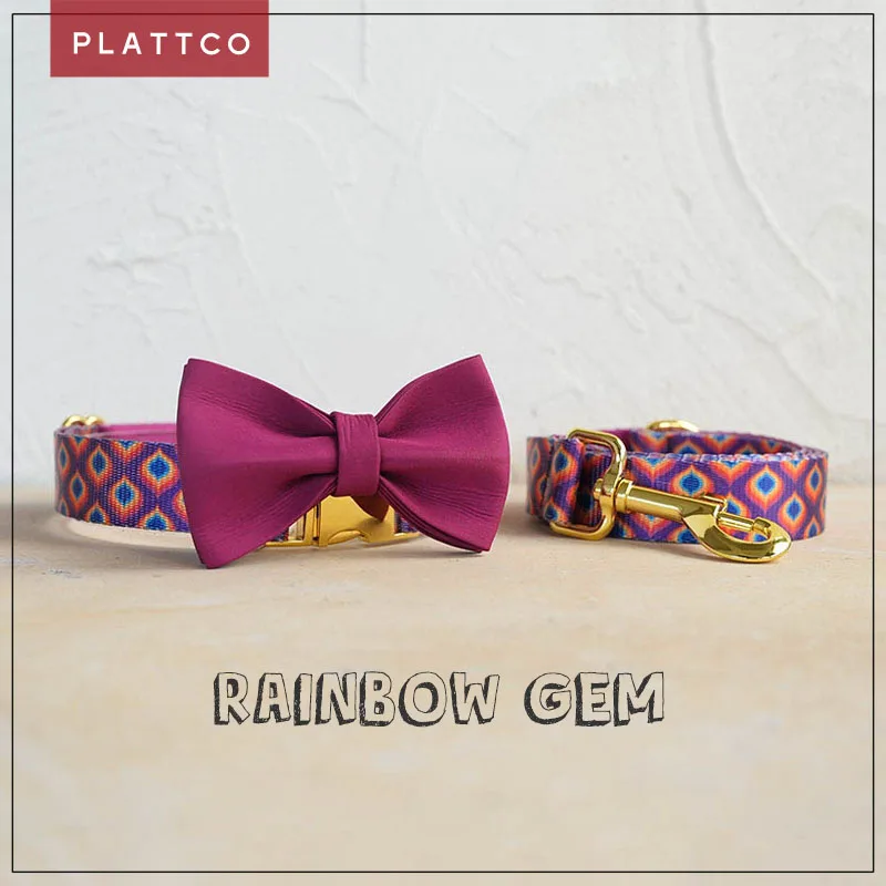 

PLATTCO unique design dog set print Rainbow Gem pattern and high-quality gold buckle 5 size PDC362YG&PDL362YG&PBT331