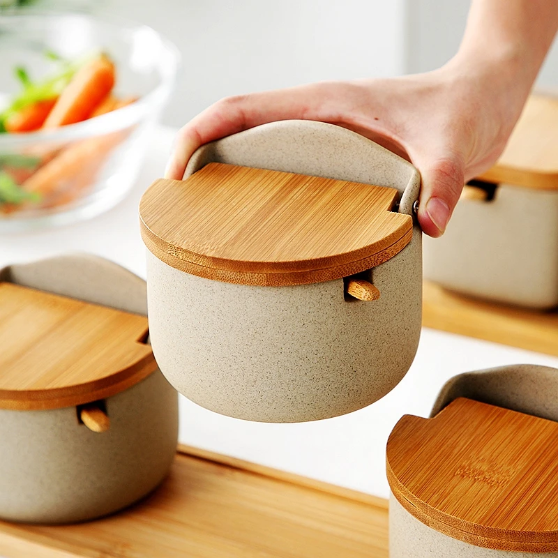 Japanese-style Gray Ceramics Spice Jar Sugar/salt Jar Suit Kitchen Storage Seasoning Tool with Lid Minimalist Ceramic Seasoning