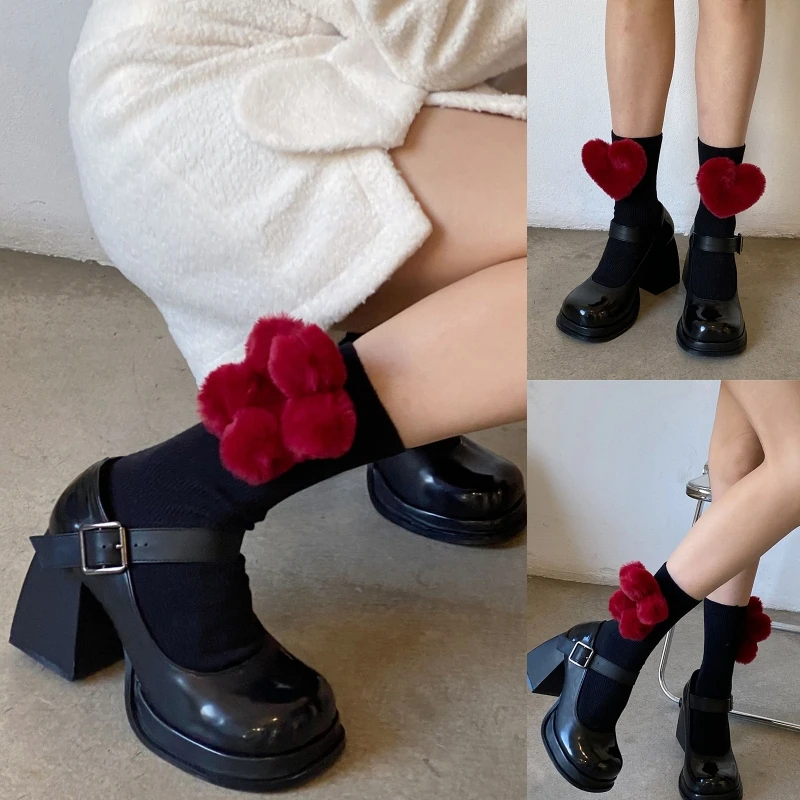 

Женские винтажные носки в японском стиле Харадзюку, большие мягкие хлопковые носки средней длины с объемным рисунком плюша, цветка, сердца