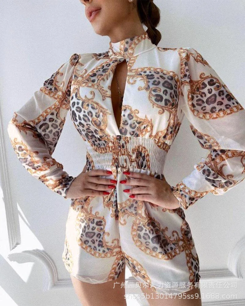 

Chain Leopard Print Backless Shirred Waist Romper Women Playsuit Shorts Pants Long Sleeve Summer Spring Hollow Out Sexy