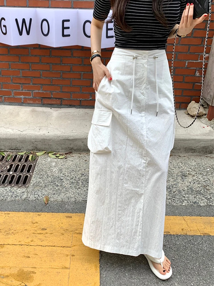 

Clothland Women Elegant White Black Long Skirt Elastic Waist Drawstring Tie A Line Female Cute Midi Skirts Mujer BA254