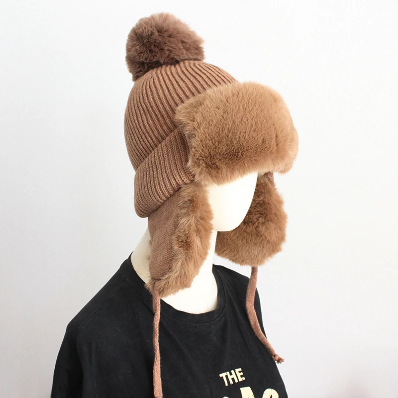 

Plush Womens Winter Hats with Ear Flaps Fluffy Bomber Hat Faux Fur Soft Bonnets for Women Russian Cap Pompom