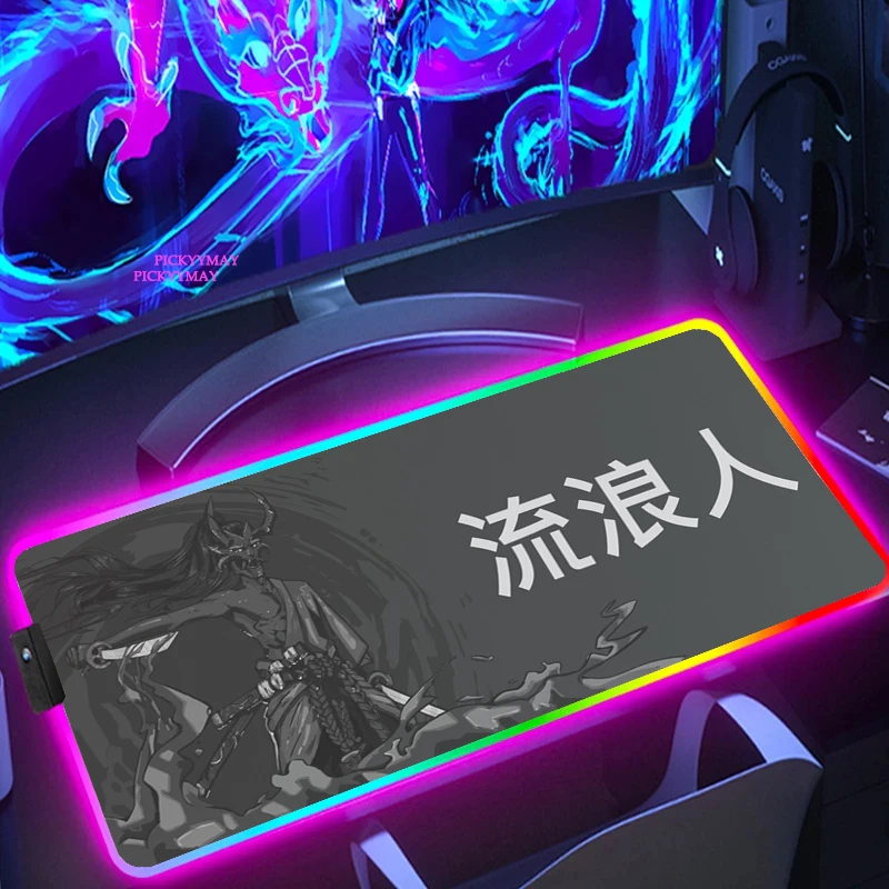 

Игровой коврик для мыши для путешествий, самурая, RGB, большой домашний коврик для мыши, геймерский нескользящий коврик для мыши из натурального каучука XXL, подсветка
