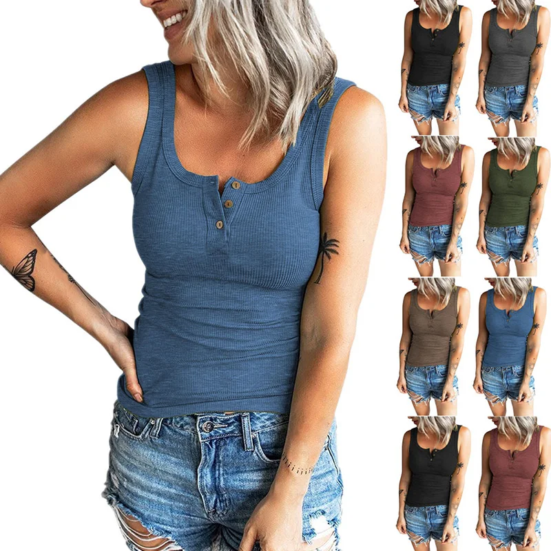 

Sexy Sleeveless Women Basic Shirts Button Camis Tank TopsBlouses Female Casual Summer Button Camis
