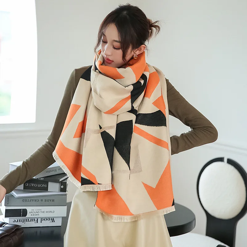 

2022 Fashion Winter Scarf Women Cashmere Pashmina Shawls and Wraps Design Geometric Print Large Warm Blanket Stoles