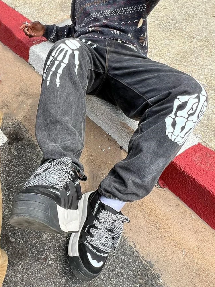 Hot Trendy Black Baggy Jeans For Men Y2K Clothes Fashion Skeleton Printed Trousers Streetwear Loose Straight Patched Denim Pants