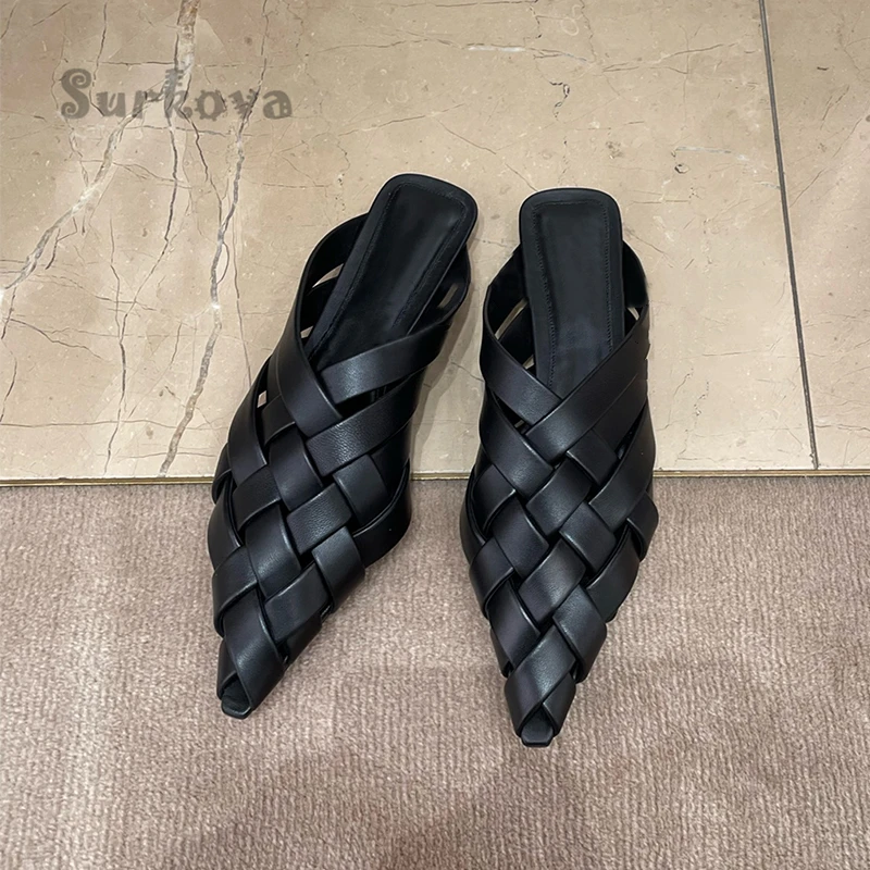 Concise Pointed Toe Woven Pumps Solid Black Flat with Slip-On Sandals and Slippers Women's Summer Mules Shoes New Half Slippers