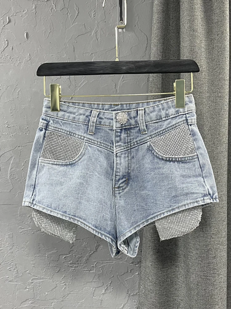 

Женские джинсовые шорты с большими карманами DEAT, однотонные трапециевидные короткие джинсы со стразами и высокой талией, лето 2023