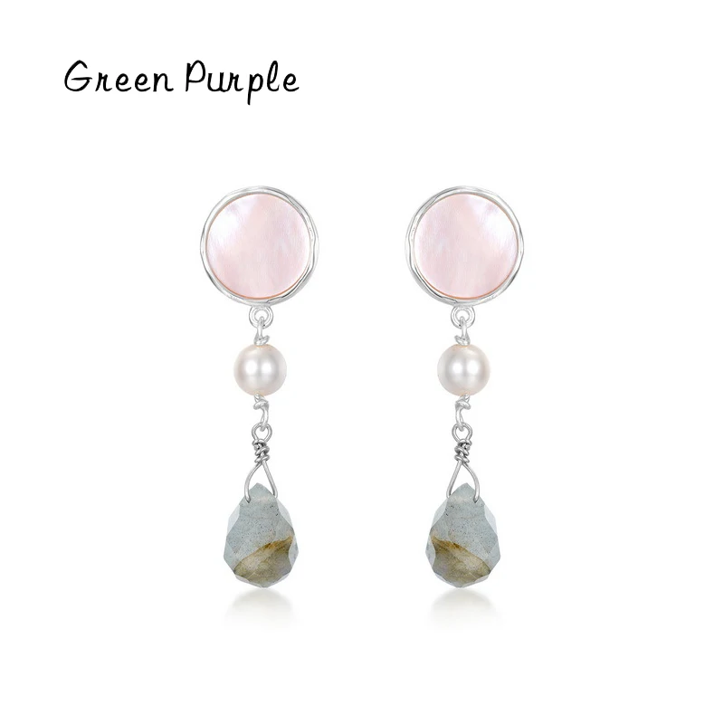 

Green Purple s925 Sterling Silver Natural Labradorite Pearls Stud Pink Shell Earrings For Young Fashion Girl Fine Jewelry Gift