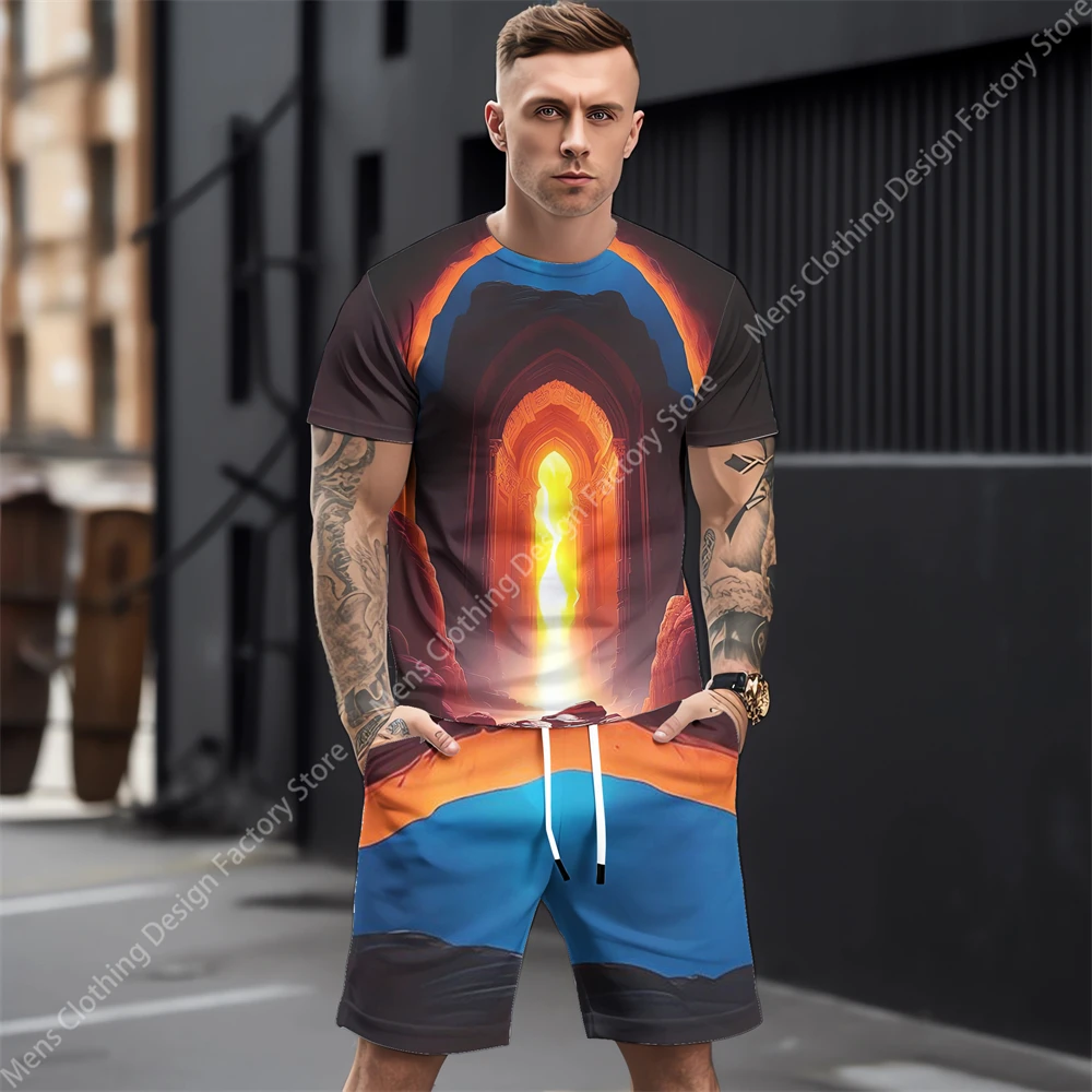 2023 New Tracksuit Men Summer Casual Short Sleeve T-shirt+Shorts Men's Sweat-Shirt Set Fashion 3D Print Streetwear Men Clothing