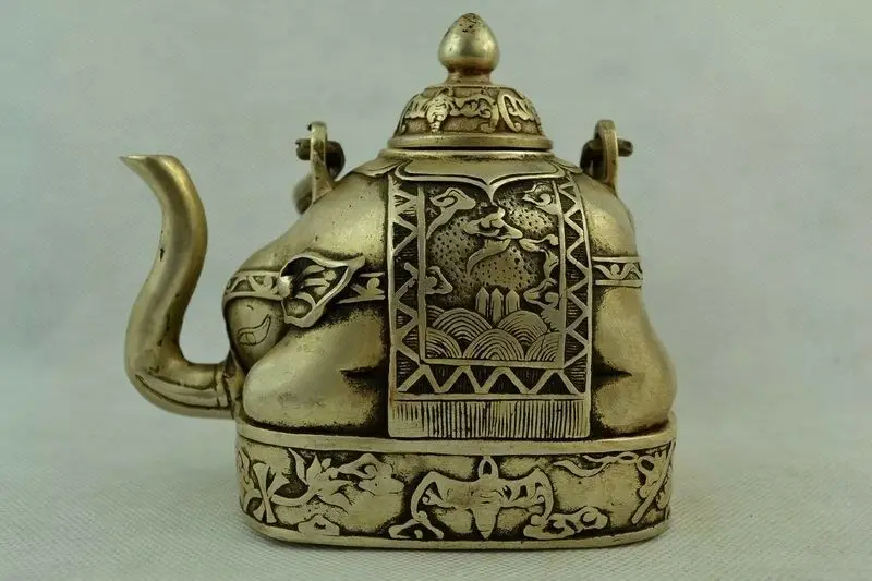 

Chinese Collection Old Handmade Tibetan Silver Carved Flower Elephant Large Teapot
