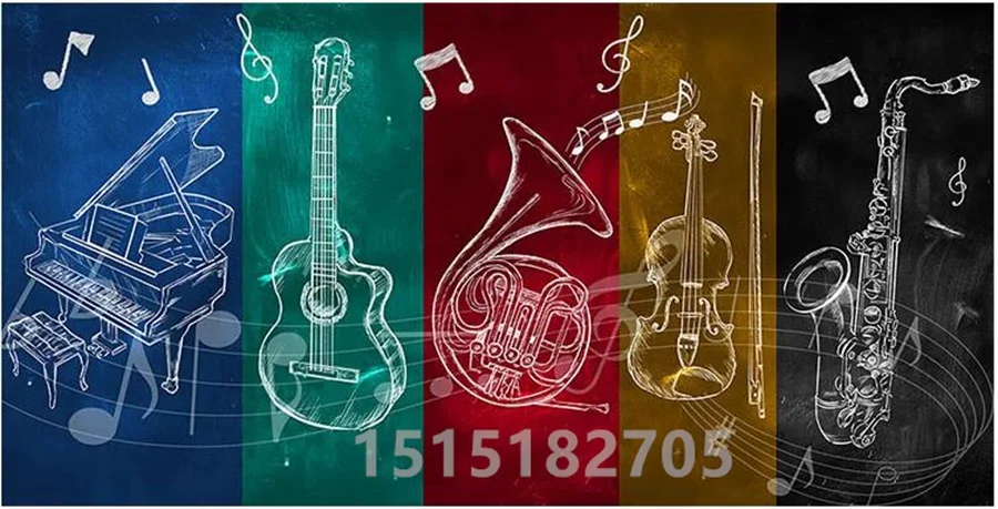 

Обои на заказ, 3d европейские обои с ручной росписью музыкальных инструментов, музыкальный плакат, индивидуальные креативные 3D-обои с граффити для бара, кафе