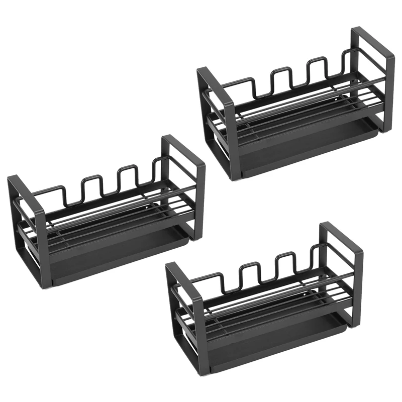 

3X For Kitchen Sink Organizer Caddy Brush Holder Cleaning Soap Brush Drain Rack With Drain Tray, Multifunction, (Black)