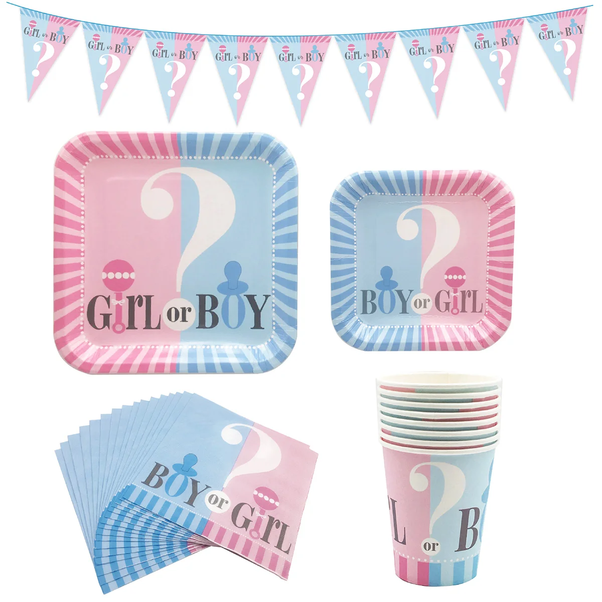 

1 Set of Disposable Tableware Paper Plate Cup Gender Reveal Theme Party Banners Paper Props (Set 1)
