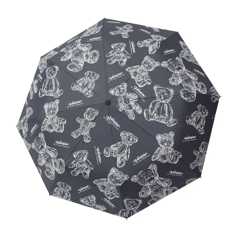 Paraguas automático de oso de dibujos animados para mujer, sombrilla plegable resistente al viento, a la lluvia y al sol, paraguas de tres pliegues para viajes para niños